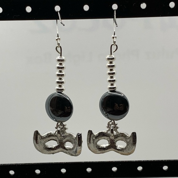 Handcrafted Women’s Earrings Hematite Disc Silvertone Spirals Rhinestone Mask - Picture 4 of 5